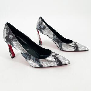 Christian Louboutin Condora 85 Silver Snake Embossed Pointed Toe Pumps EU 38.5